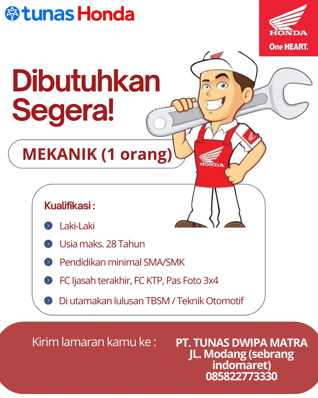Lowongan Mekanik Tunas Honda Grogot